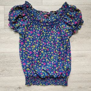 Forever 21 Blue Pink Floral Blouse Womens Medium Short Sleeve Ruffle Sheer